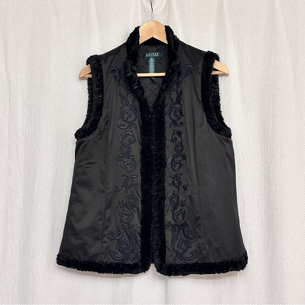 Lauren Ralph Lauren Black Vest with Embroidery and Faux Fur